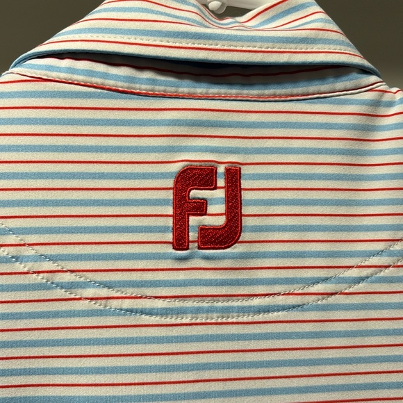 Footjoy golf polo. Size Large. White with red and light blue stripes. - Picture 5 of 5